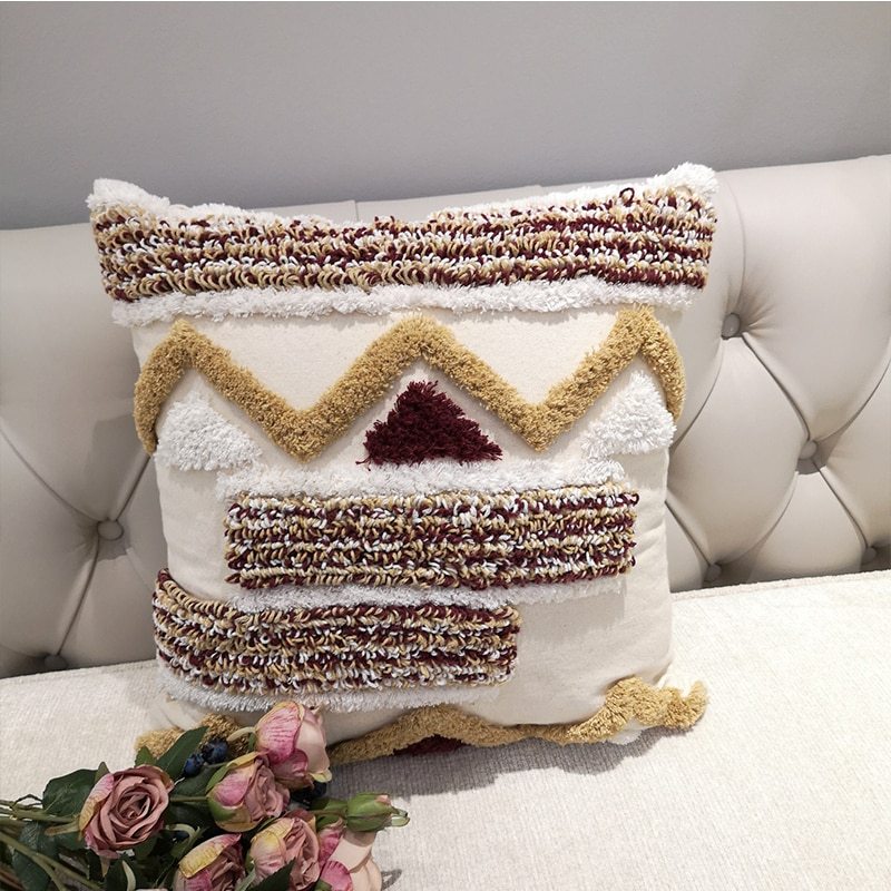 HKM-637331 Luxury Moroccan Geometric Stripe Cushion Cover - Handmade Canvas Pillow Case - 45x45cm for Sofa and Bed