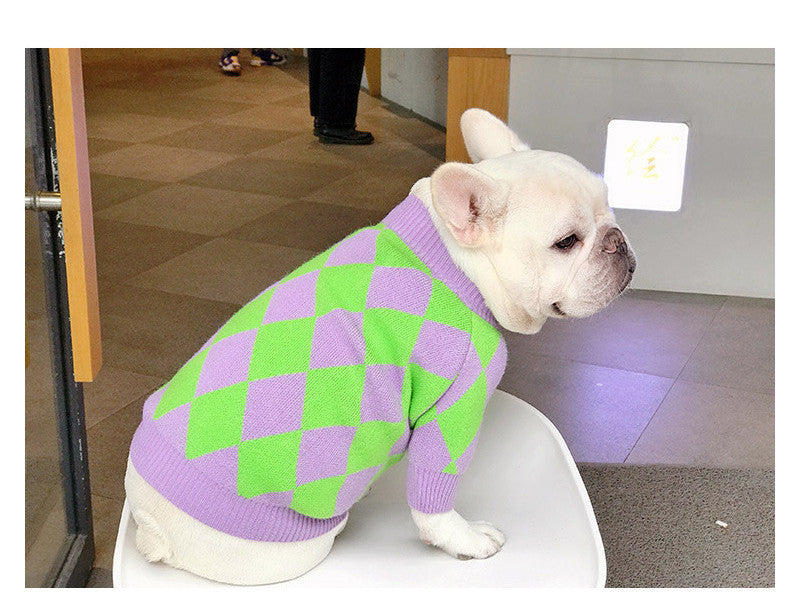 HKM-637779 Stylish Purple Diamond Plaid Dog Sweater for All Sizes