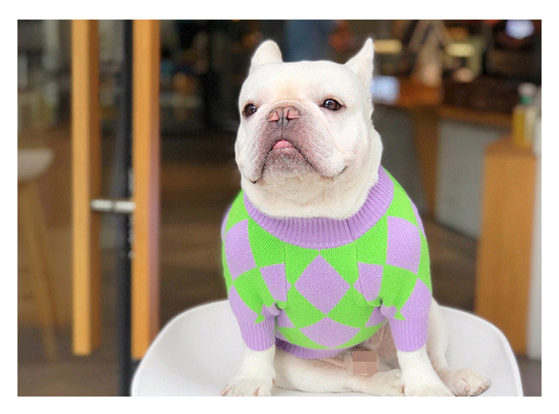 HKM-637779 Stylish Purple Diamond Plaid Dog Sweater for All Sizes