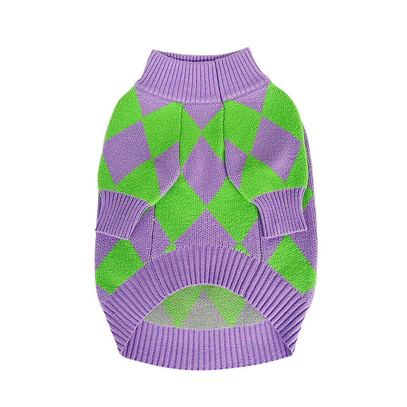 HKM-637779 Stylish Purple Diamond Plaid Dog Sweater for All Sizes