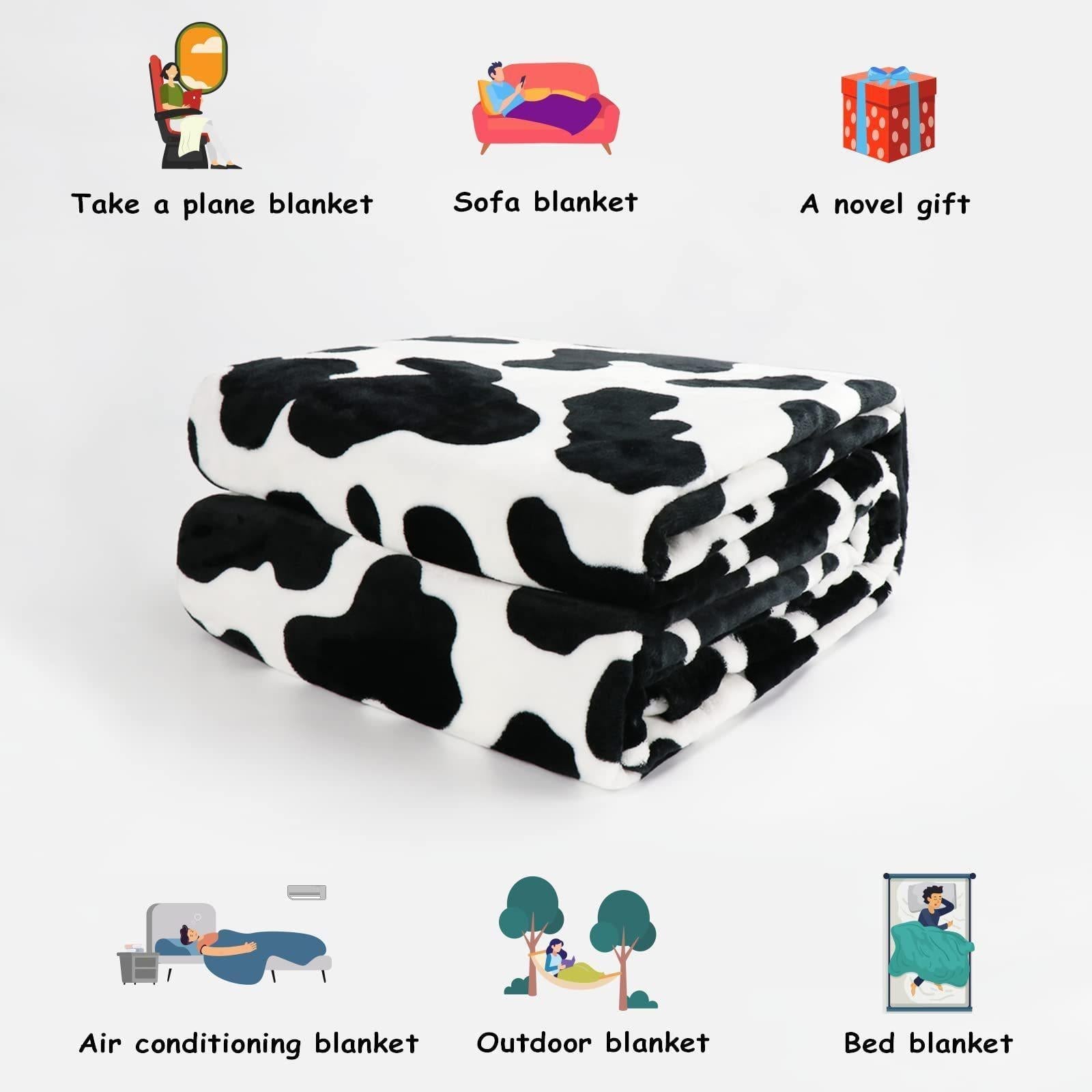 HKM-637971 Cow Print Flannel Blanket - Soft and Cozy, Available in Multiple Sizes for All Seasons