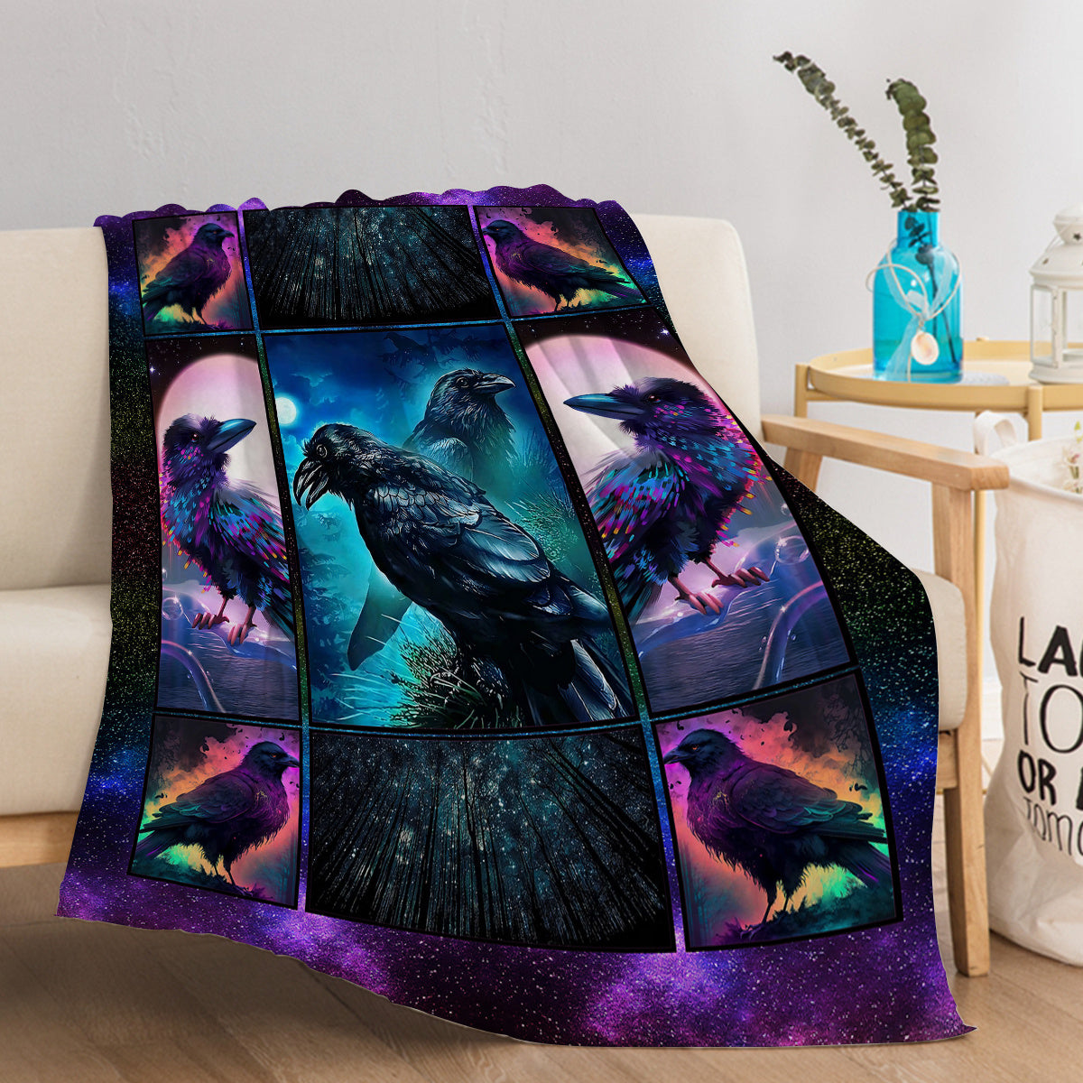 HKM-638035 Colorful Raven Flannel Soft Multifunctional Blanket for Home, Camping, and Office Use