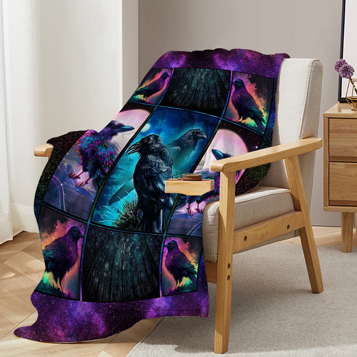 HKM-638035 Colorful Raven Flannel Soft Multifunctional Blanket for Home, Camping, and Office Use