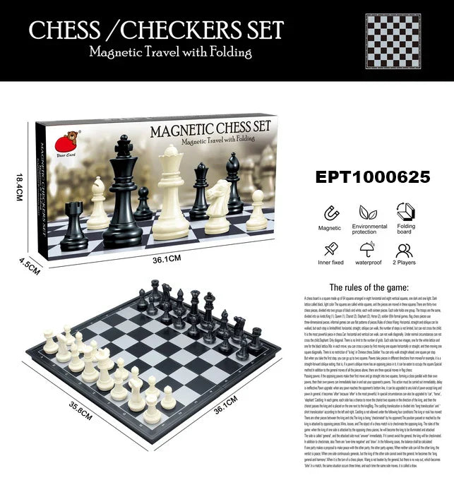 HKM-638163 Magnetic Travel Chess Set with Folding Black and White Board