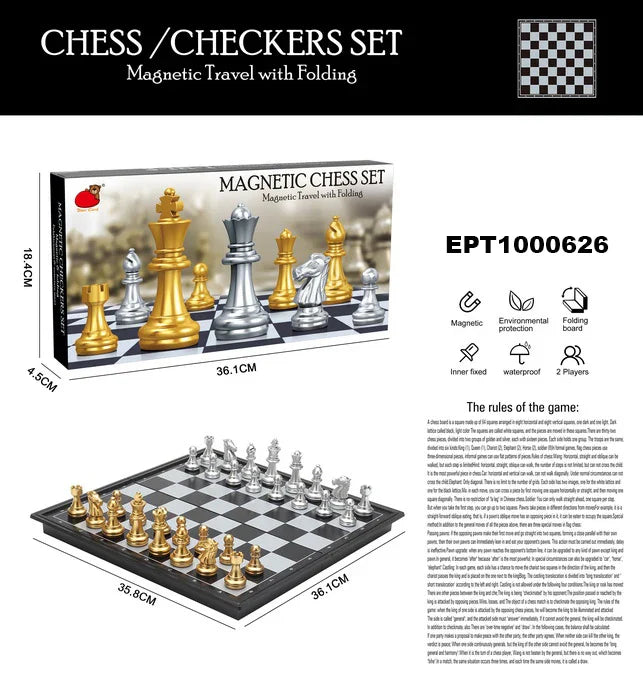 HKM-638163 Magnetic Travel Chess Set with Folding Black and White Board
