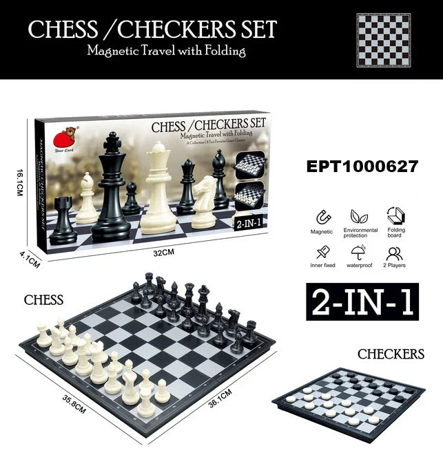 HKM-638163 Magnetic Travel Chess Set with Folding Black and White Board