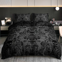 HKM-638355 Black Flower Skull Digital Printed Bedding Set - Available in Multiple Sizes