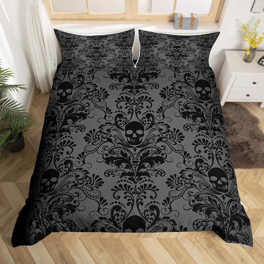 HKM-638355 Black Flower Skull Digital Printed Bedding Set - Available in Multiple Sizes