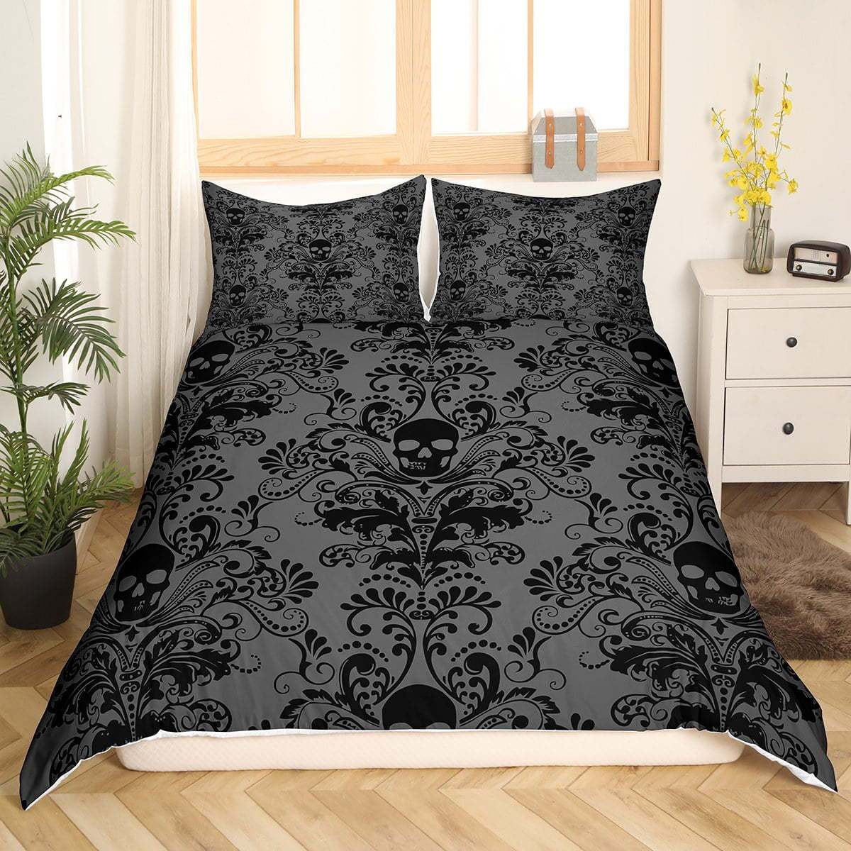 HKM-638355 Black Flower Skull Digital Printed Bedding Set - Available in Multiple Sizes