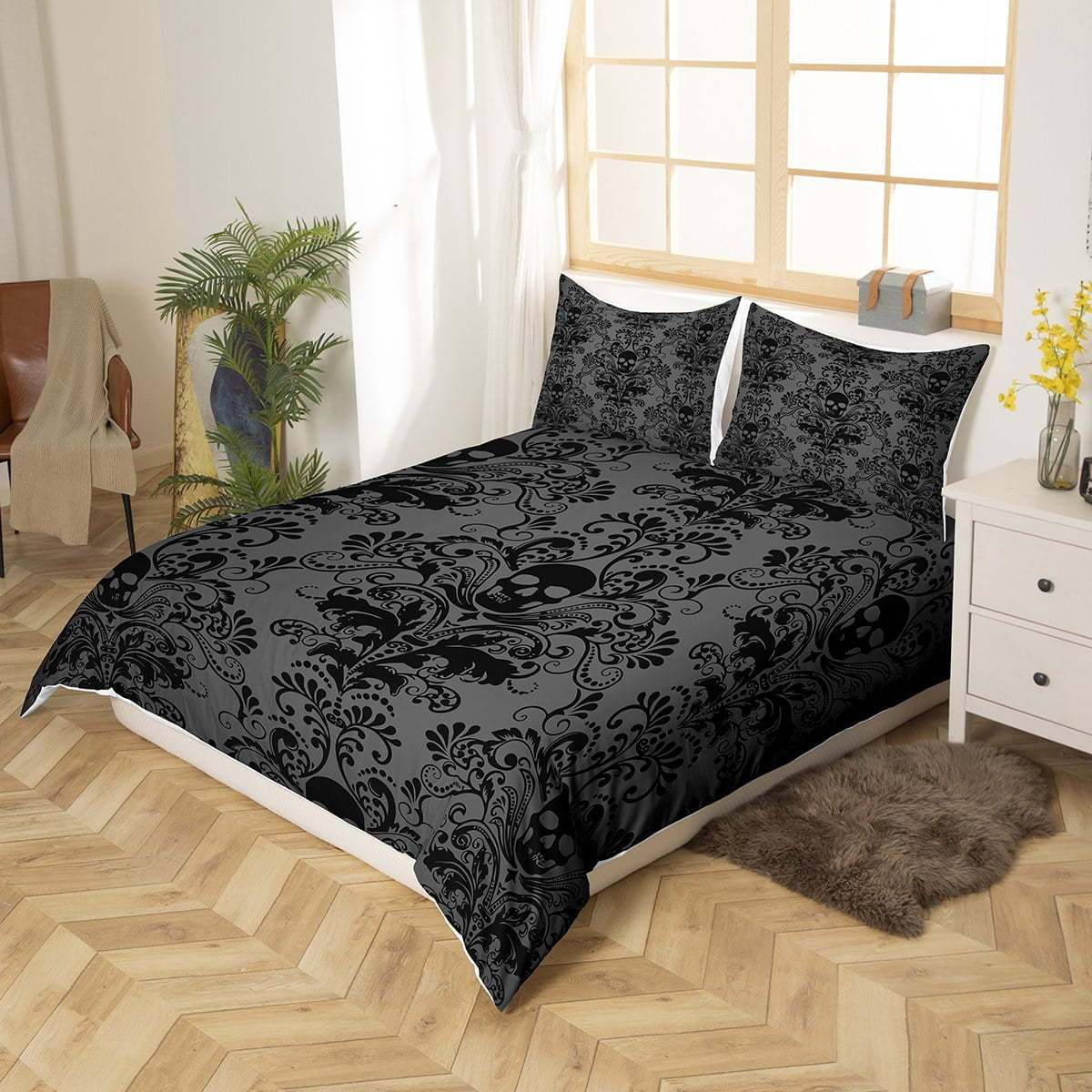 HKM-638355 Black Flower Skull Digital Printed Bedding Set - Available in Multiple Sizes