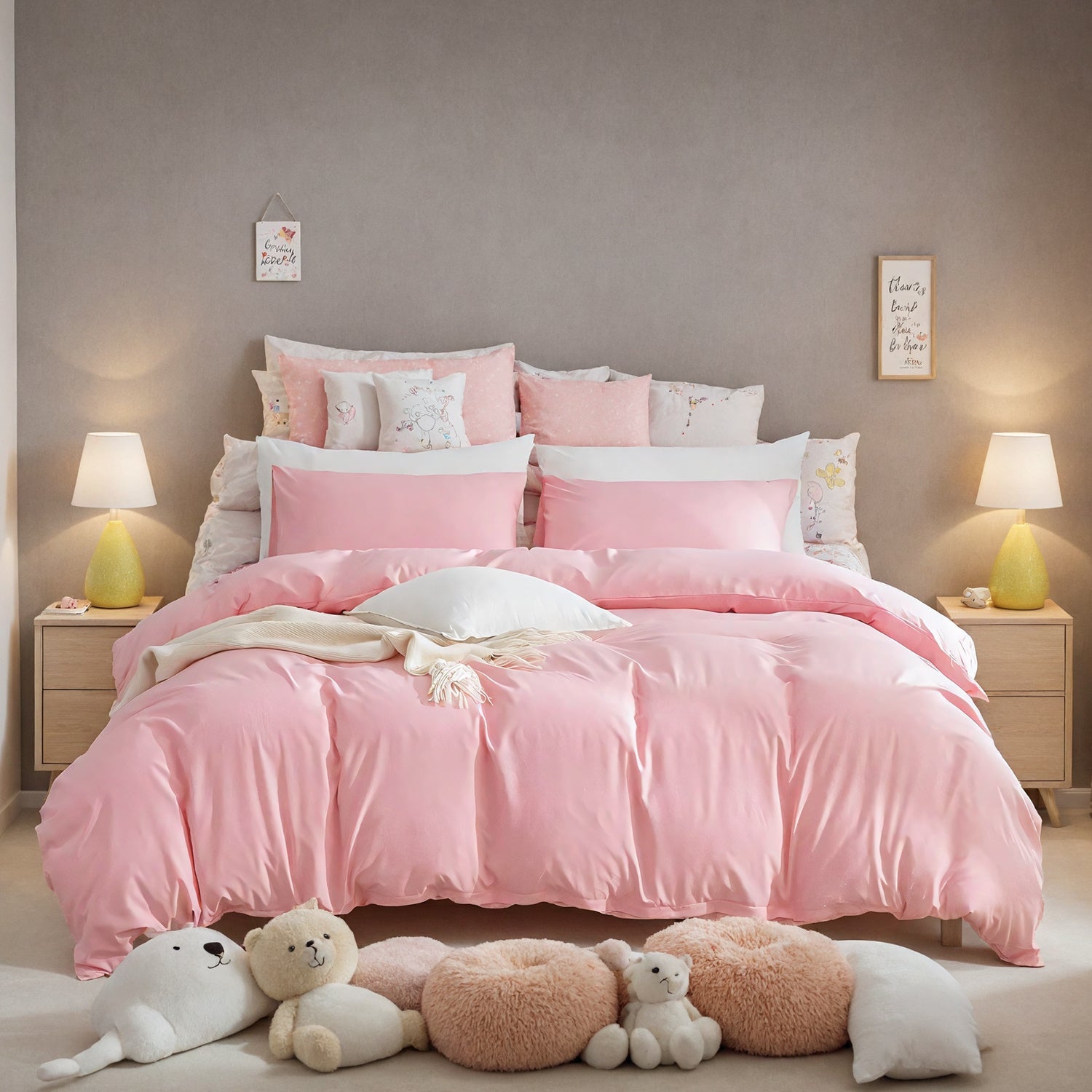 HKM-638675 Soft Microfiber Pink Quilt Cover and Pillowcase Set – Three-Piece Bedding Collection