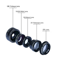 HKM-638931 5-in-1 Mobile Phone Lens Set with Fisheye, Wide-Angle, Macro, Teleconverter, and Polarizer Lenses