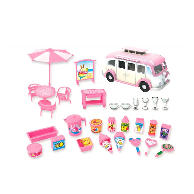 KTX-639187 Pretend Play Mini Kitchen Ice Cream Dining Car and Fast Food Truck Toy Set for Kids