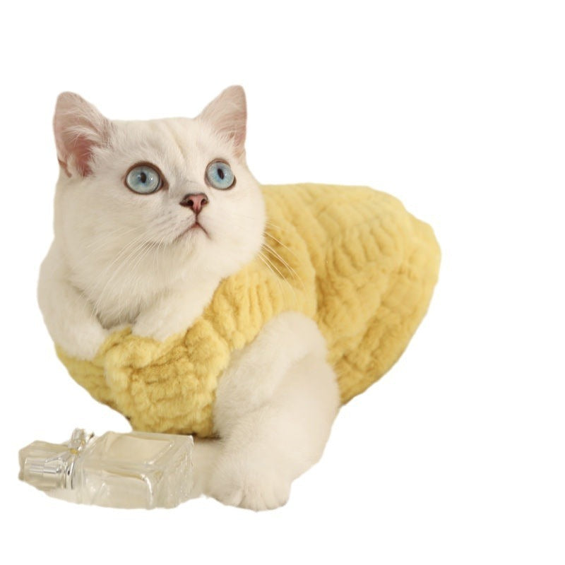 HKM-639507 Fleece-Lined Warm Pet Cat Clothes in Pink and Yellow Velvet - Cozy Casual Wear for Cats