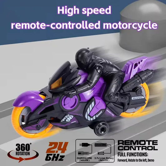 HKM-639763 2.4G Remote-Control Stunt Motorcycle with 360-Degree Rotation and Lights for Kids