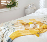 HKM-639891 Cotton Geometric Pattern Towel Blanket in White and Yellow, 130x170CM
