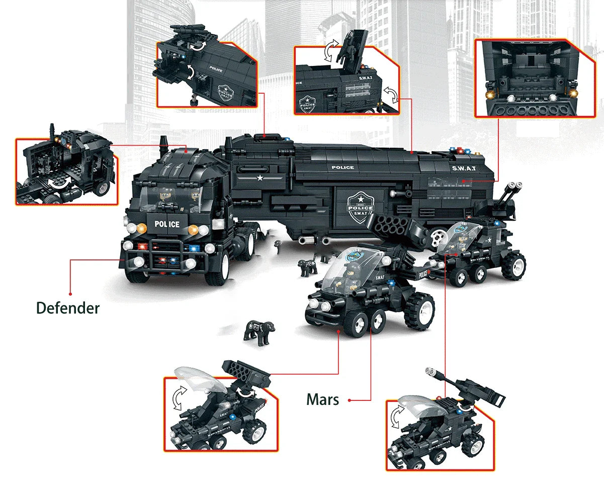 HKM-640083 SWAT Team Truck Building Block Set - Military Action Construction Toy for Ages 6 and Up