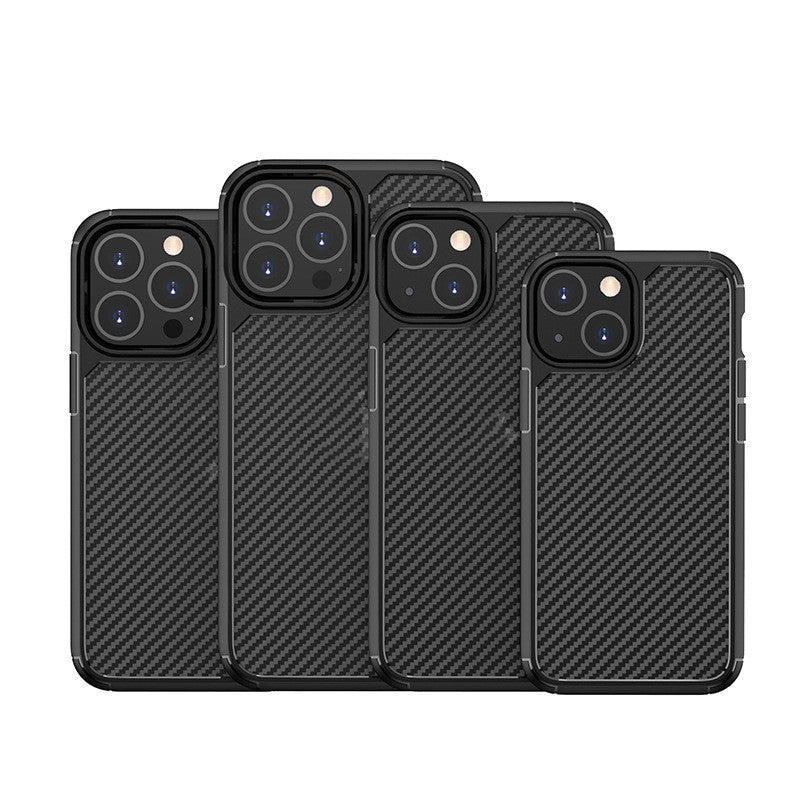 HKM-640595 Carbon Fiber Anti-Drop Protective Phone Case for iPhone 13 Series - TPU + PC Material, Simple Striped Design in Black or Blue