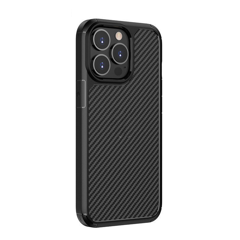 HKM-640595 Carbon Fiber Anti-Drop Protective Phone Case for iPhone 13 Series - TPU + PC Material, Simple Striped Design in Black or Blue