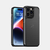 HKM-640595 Carbon Fiber Anti-Drop Protective Phone Case for iPhone 13 Series - TPU + PC Material, Simple Striped Design in Black or Blue