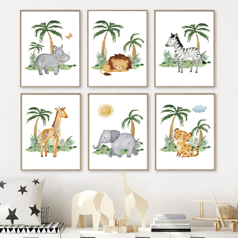 HKM-641491 Jungle Animal Nursery Wall Art Canvas - Lion, Elephant, Giraffe Design for Kids' Room Decor