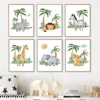 HKM-641491 Jungle Animal Nursery Wall Art Canvas - Lion, Elephant, Giraffe Design for Kids' Room Decor