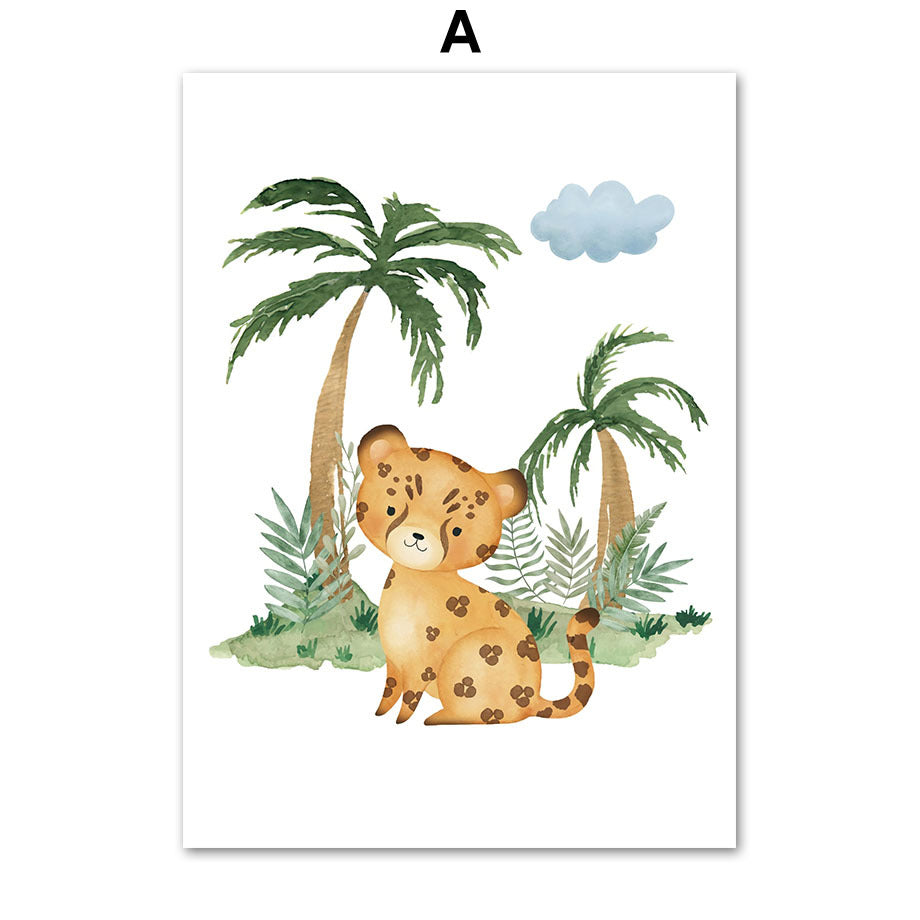 HKM-641491 Jungle Animal Nursery Wall Art Canvas - Lion, Elephant, Giraffe Design for Kids' Room Decor