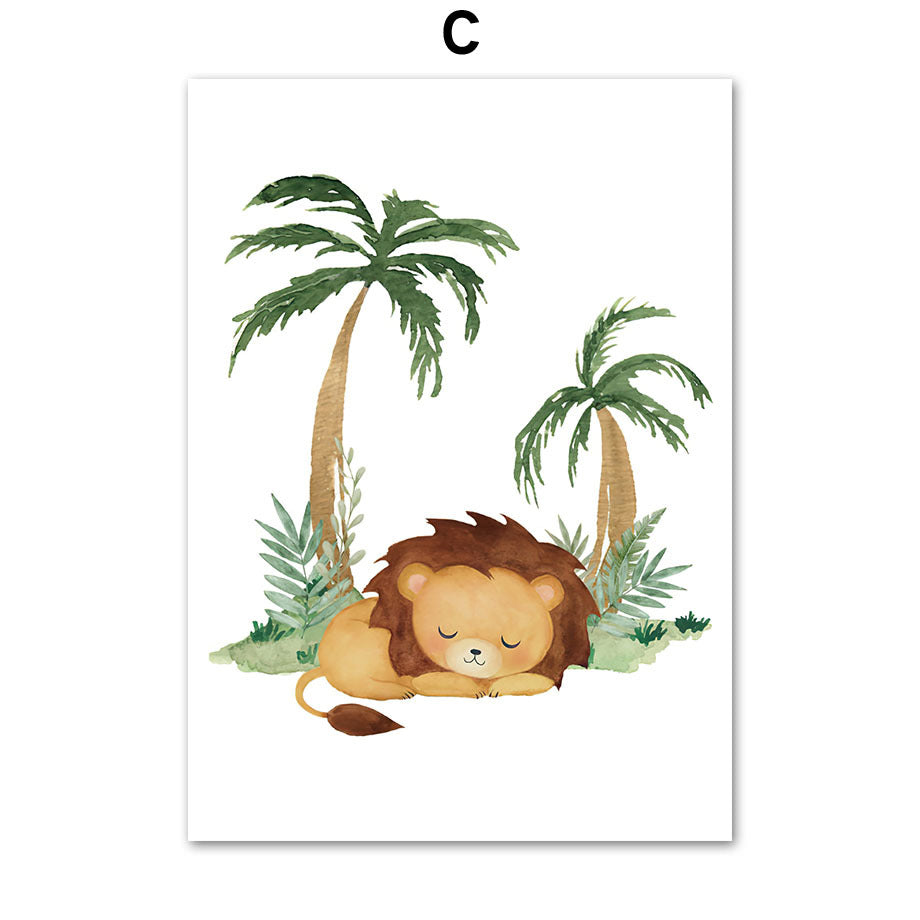 HKM-641491 Jungle Animal Nursery Wall Art Canvas - Lion, Elephant, Giraffe Design for Kids' Room Decor