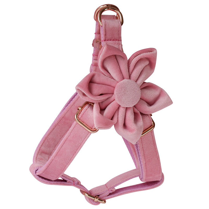 HKM-642003 Rose Gold Buckle Flannelette Dog Harness Set with Leash, Collar, Bow, and Flower