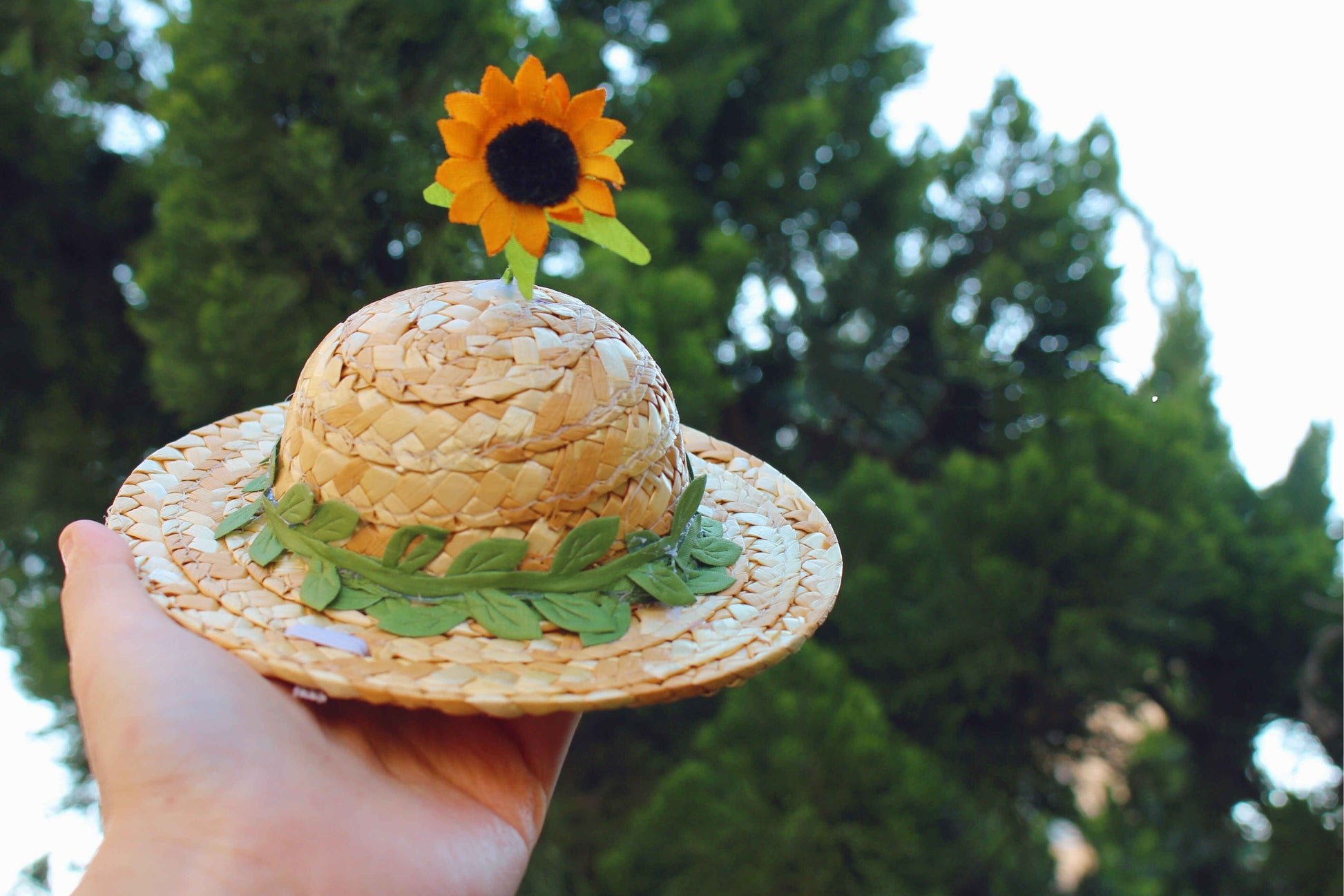 HKM-642387 Princess Style Mesh Flower Embroidery Dress with Hand-Woven Sunflower and Daisy Straw Hats for Cats and Dogs