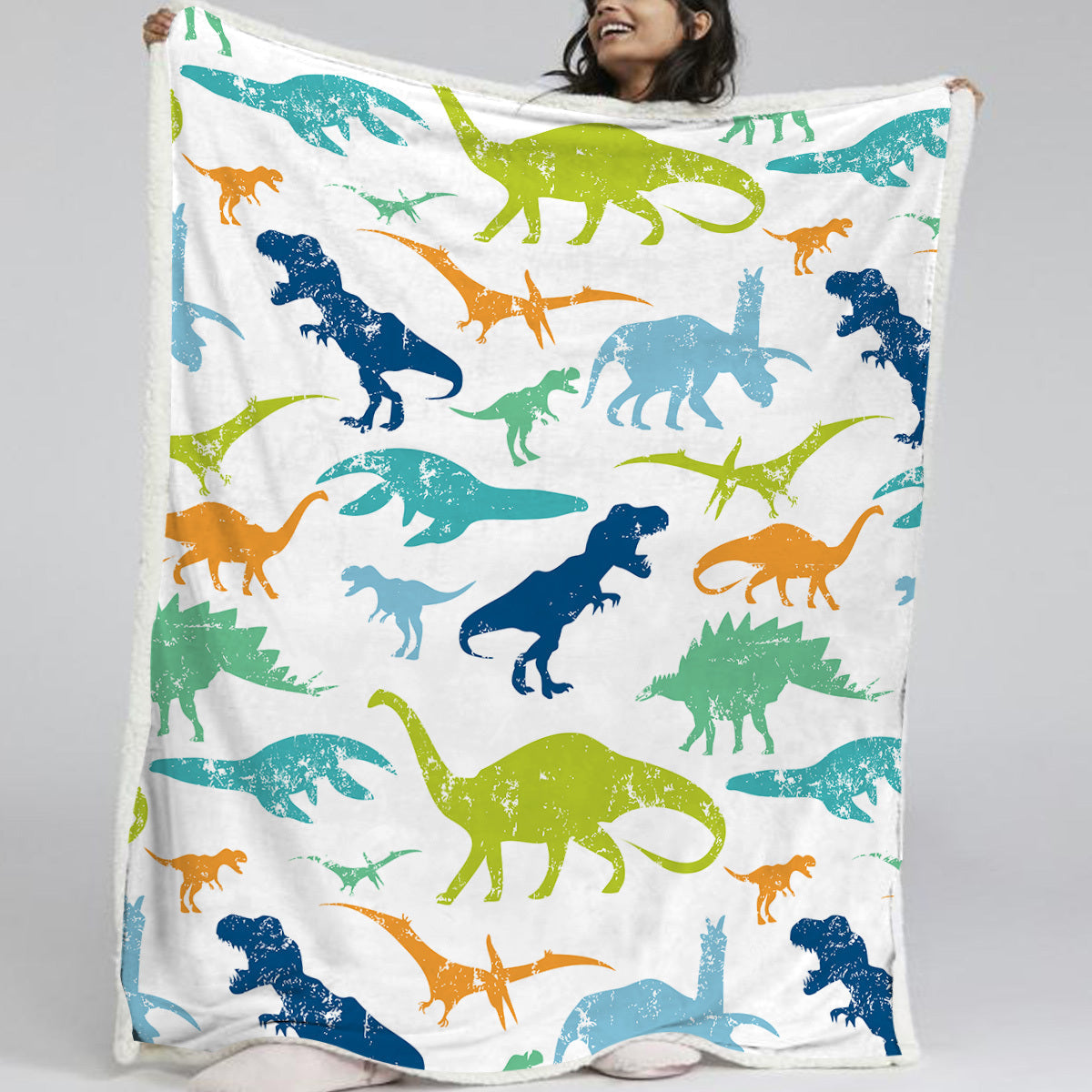 HKM-642643 Cute Dinosaur Sherpa Fleece Blanket – Soft, Warm Multi-Purpose Throw for Sofa, Office, Camping