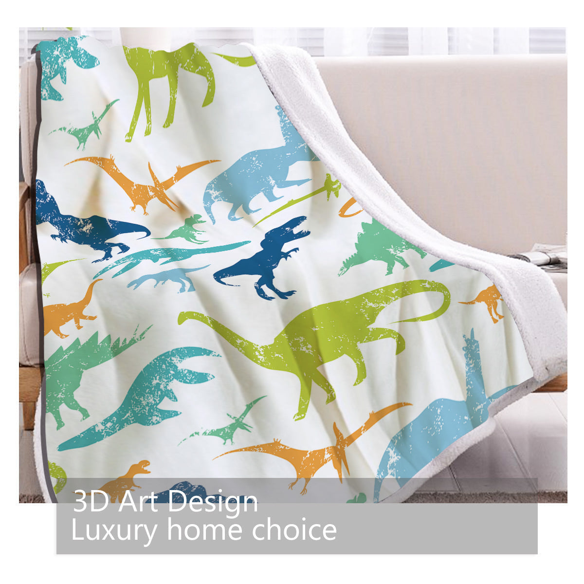 HKM-642643 Cute Dinosaur Sherpa Fleece Blanket – Soft, Warm Multi-Purpose Throw for Sofa, Office, Camping