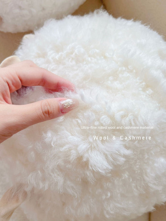 HKM-642771 Cute Cartoon Little Lamb Wool Round Pillow - Soft Plush Cushion in White, Pink, Brown, and Black, 34x30x30cm