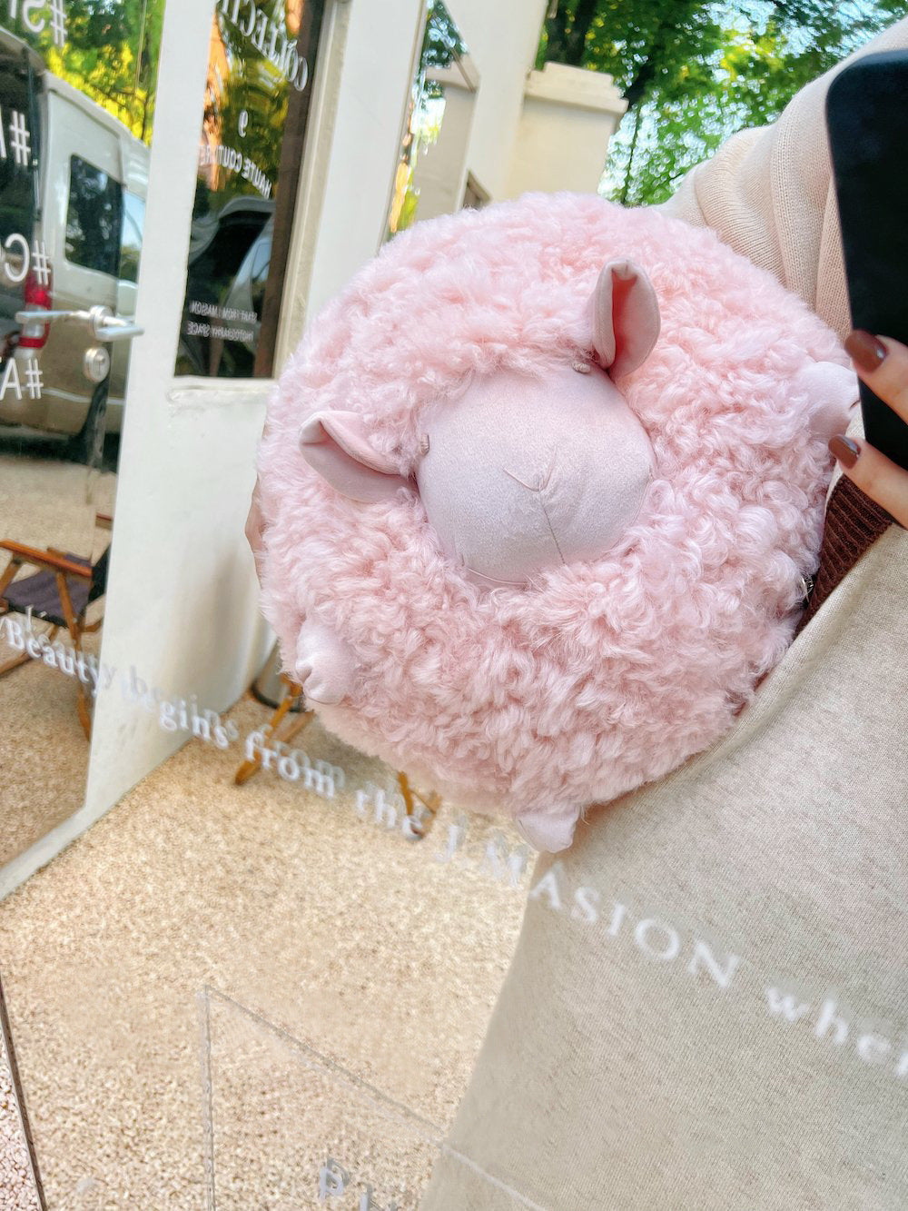 HKM-642771 Cute Cartoon Little Lamb Wool Round Pillow - Soft Plush Cushion in White, Pink, Brown, and Black, 34x30x30cm