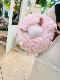 HKM-642771 Cute Cartoon Little Lamb Wool Round Pillow - Soft Plush Cushion in White, Pink, Brown, and Black, 34x30x30cm