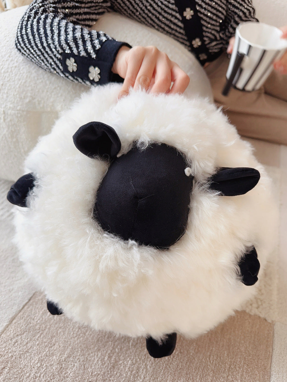HKM-642771 Cute Cartoon Little Lamb Wool Round Pillow - Soft Plush Cushion in White, Pink, Brown, and Black, 34x30x30cm