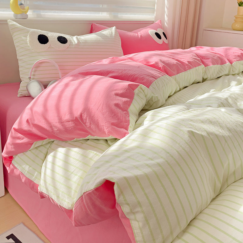 HKM-642963 Big Eyes Striped Four-Piece Bedding Set with Duvet Cover, Bed Sheet, and Pillowcases in Various Sizes