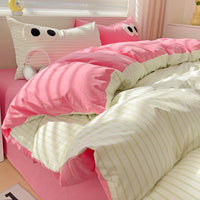 HKM-642963 Big Eyes Striped Four-Piece Bedding Set with Duvet Cover, Bed Sheet, and Pillowcases in Various Sizes