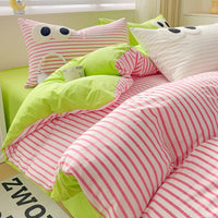 HKM-642963 Big Eyes Striped Four-Piece Bedding Set with Duvet Cover, Bed Sheet, and Pillowcases in Various Sizes