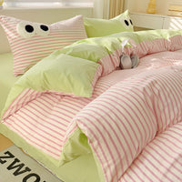 HKM-642963 Big Eyes Striped Four-Piece Bedding Set with Duvet Cover, Bed Sheet, and Pillowcases in Various Sizes
