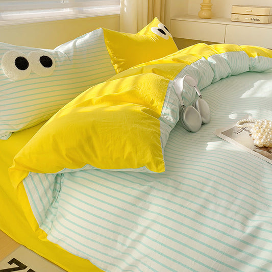 HKM-642963 Big Eyes Striped Four-Piece Bedding Set with Duvet Cover, Bed Sheet, and Pillowcases in Various Sizes