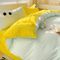 HKM-642963 Big Eyes Striped Four-Piece Bedding Set with Duvet Cover, Bed Sheet, and Pillowcases in Various Sizes