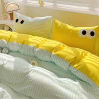HKM-642963 Big Eyes Striped Four-Piece Bedding Set with Duvet Cover, Bed Sheet, and Pillowcases in Various Sizes
