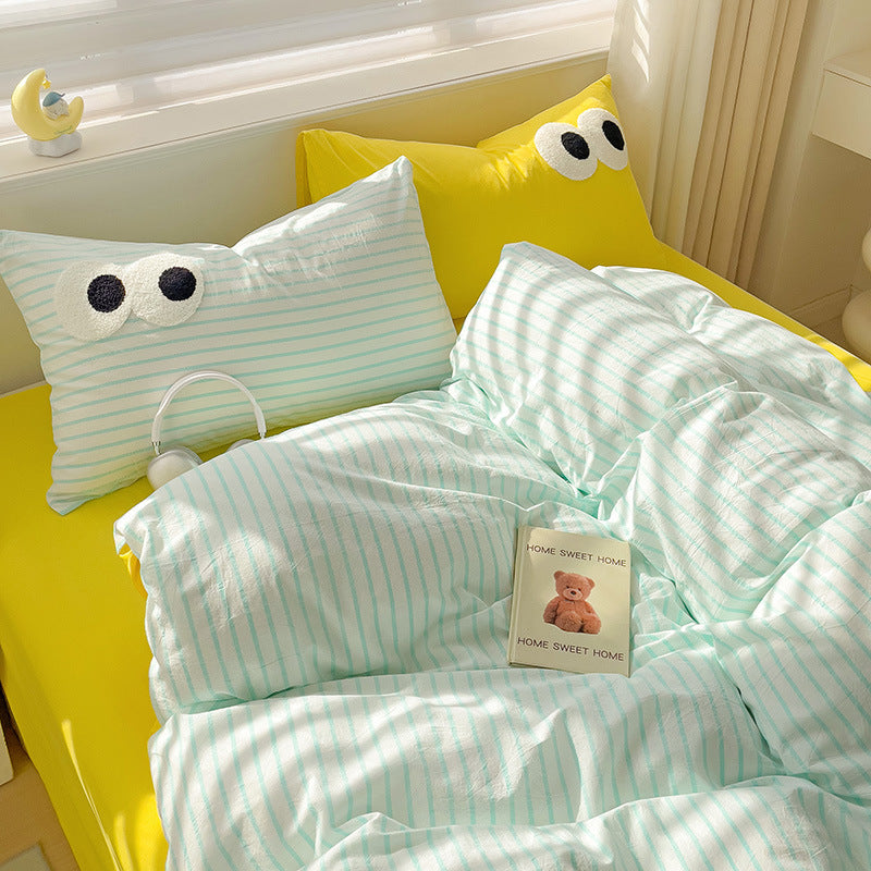 HKM-642963 Big Eyes Striped Four-Piece Bedding Set with Duvet Cover, Bed Sheet, and Pillowcases in Various Sizes