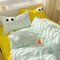 HKM-642963 Big Eyes Striped Four-Piece Bedding Set with Duvet Cover, Bed Sheet, and Pillowcases in Various Sizes