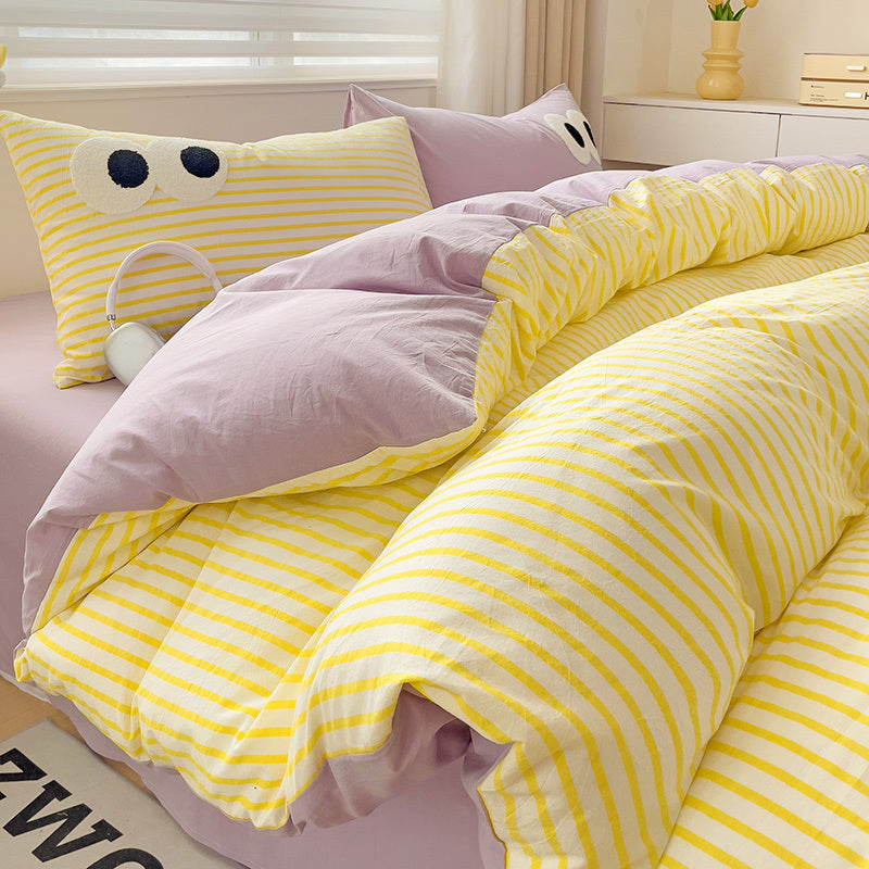 HKM-642963 Big Eyes Striped Four-Piece Bedding Set with Duvet Cover, Bed Sheet, and Pillowcases in Various Sizes