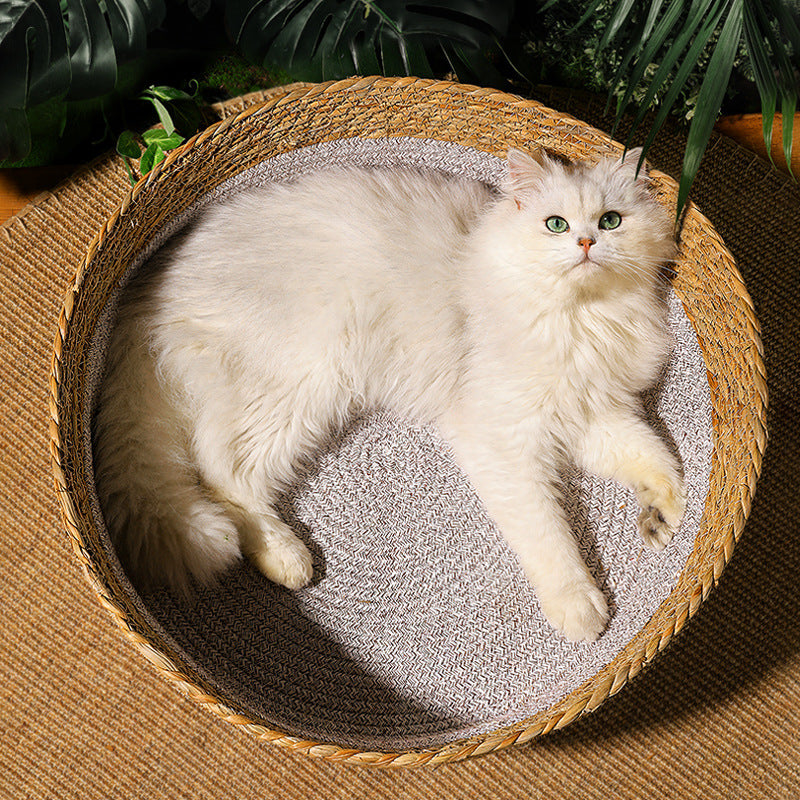 HKM-643091 Handmade Straw Cat Nest with Summer Cool Mat - Double-Sided Design for Cats and Small Dogs