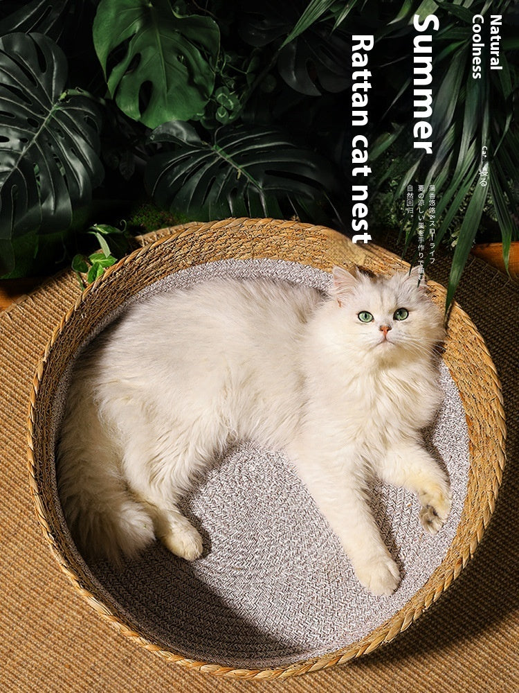 HKM-643091 Handmade Straw Cat Nest with Summer Cool Mat - Double-Sided Design for Cats and Small Dogs