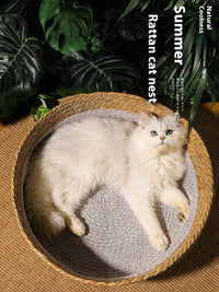 HKM-643091 Handmade Straw Cat Nest with Summer Cool Mat - Double-Sided Design for Cats and Small Dogs