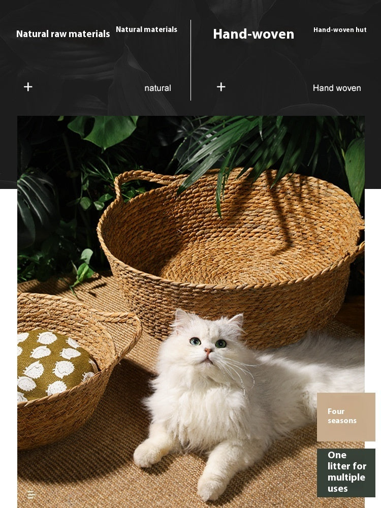 HKM-643091 Handmade Straw Cat Nest with Summer Cool Mat - Double-Sided Design for Cats and Small Dogs